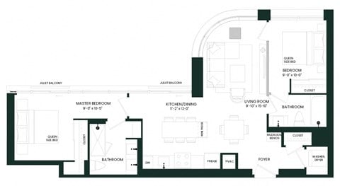 Floor plan for 2 beds, 2 baths, 866 sqft